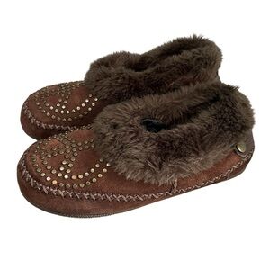 Lucky Brand Sabrina Moccasin Slippers shoes Size 6 Dark brown fur lined
